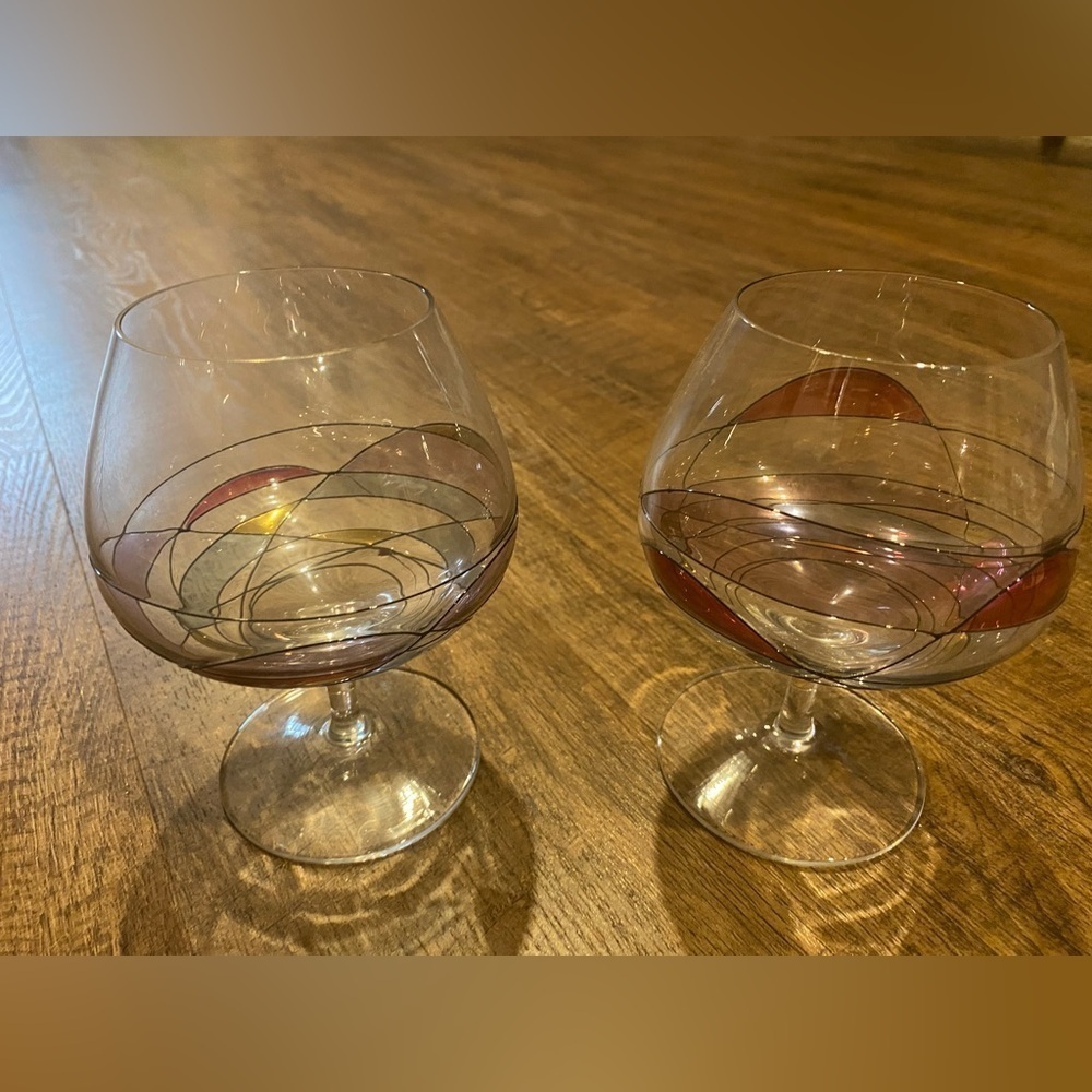 Vintage Romanian Crystal Milano Mosaic Stained Glass Brandy Snifters Set of 2